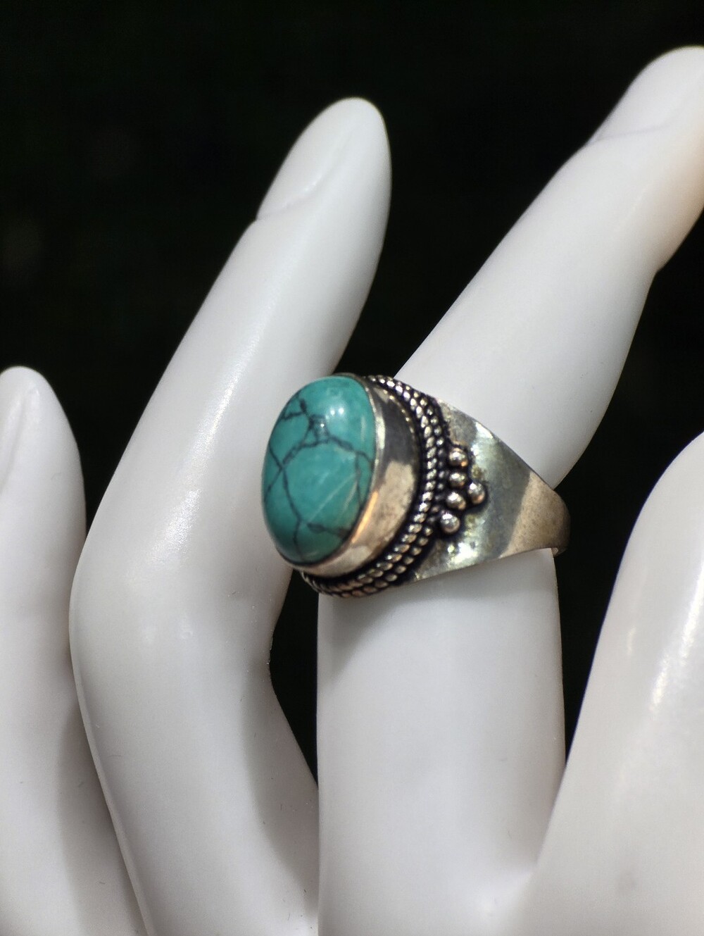 Turquoise Imitation Stone  Silver Ring - Teal Blue Accent